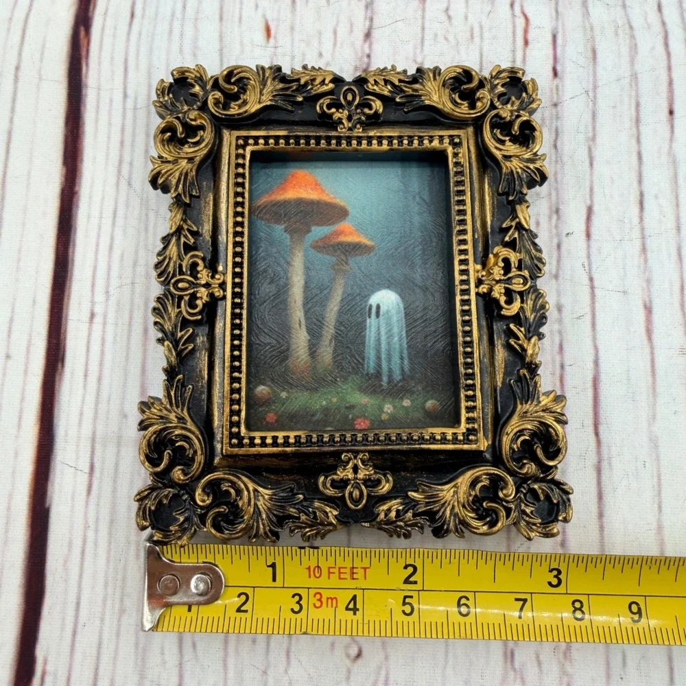 Miniature Ghost and Mushroom Art Print in Ornate Black and Gold Resin Frame